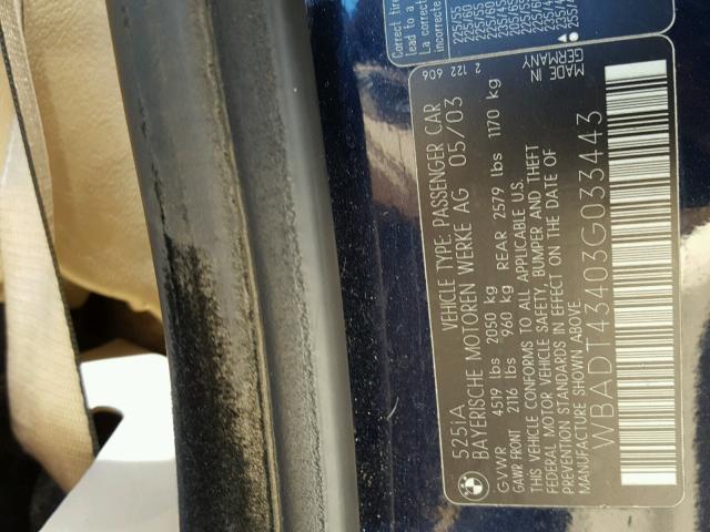 WBADT43403G033443 - 2003 BMW 525 I AUTO BLUE photo 10