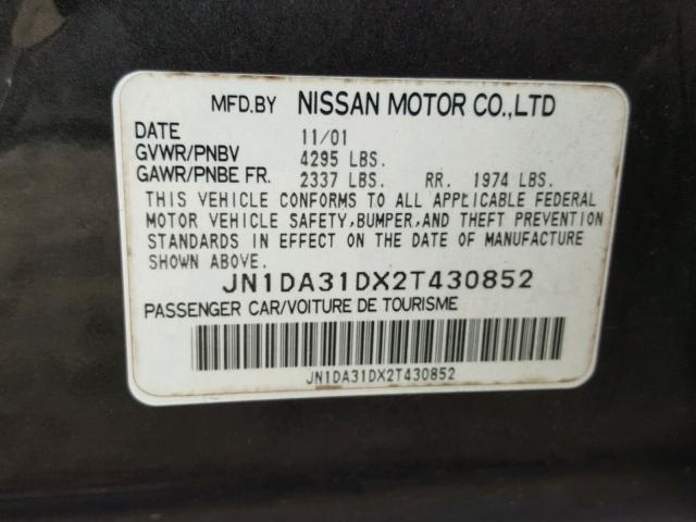 JN1DA31DX2T430852 - 2002 NISSAN MAXIMA GLE CHARCOAL photo 10