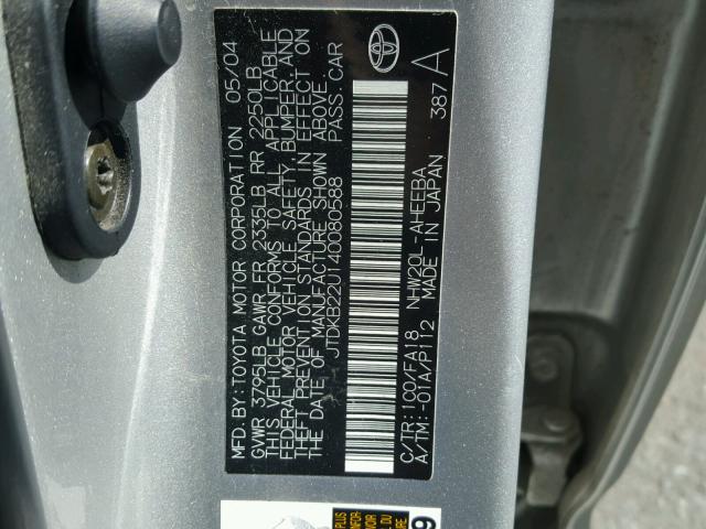 JTDKB22U140080588 - 2004 TOYOTA PRIUS SILVER photo 10