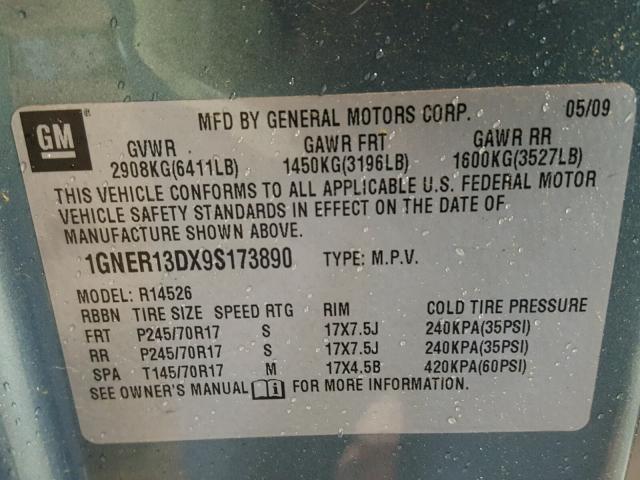 1GNER13DX9S173890 - 2009 CHEVROLET TRAVERSE L GRAY photo 10