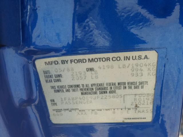 1FABP40E9JF225805 - 1988 FORD MUSTANG LX BLUE photo 10