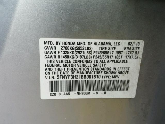 5FNYF3H21BB001610 - 2011 HONDA PILOT LX SILVER photo 10