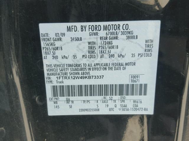 1FTRX12W49KB73337 - 2009 FORD F150 SUPER BLACK photo 10