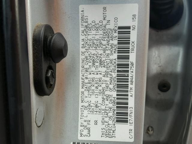 3TMLU42N28M016064 - 2008 TOYOTA TACOMA DOU SILVER photo 10