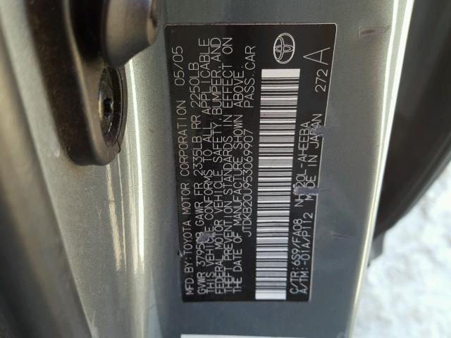 JTDKB20U953069907 - 2005 TOYOTA PRIUS GRAY photo 10