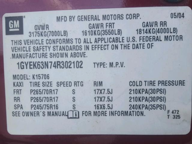 1GYEK63N74R302102 - 2004 CADILLAC ESCALADE L BURGUNDY photo 10