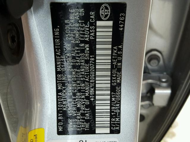 4T1BK1EB0GU207781 - 2016 TOYOTA AVALON XLE SILVER photo 10