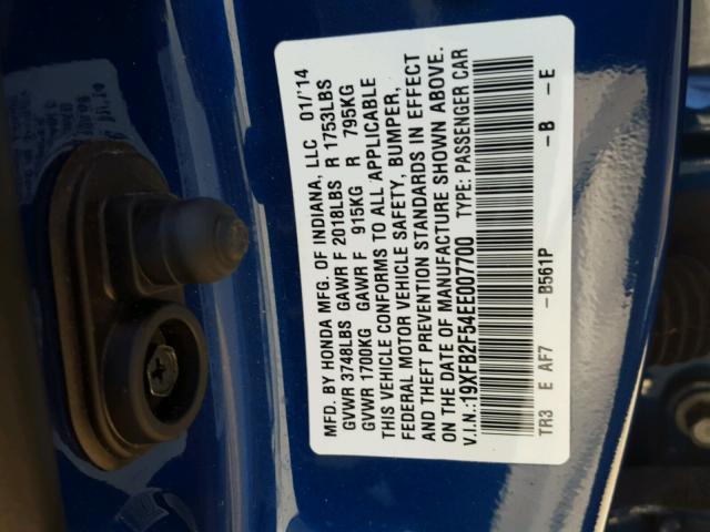 19XFB2F54EE007700 - 2014 HONDA CIVIC LX BLUE photo 10