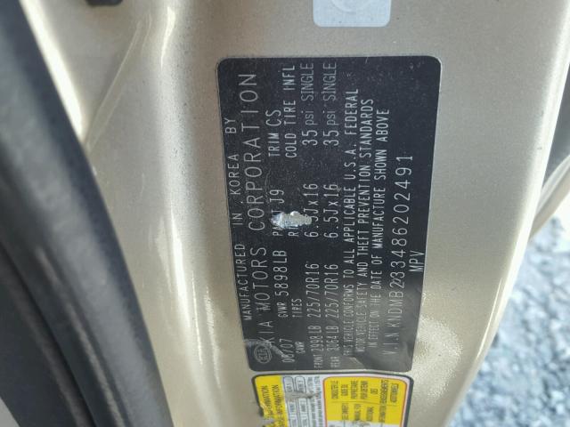 KNDMB233486202491 - 2008 KIA SEDONA EX GOLD photo 10