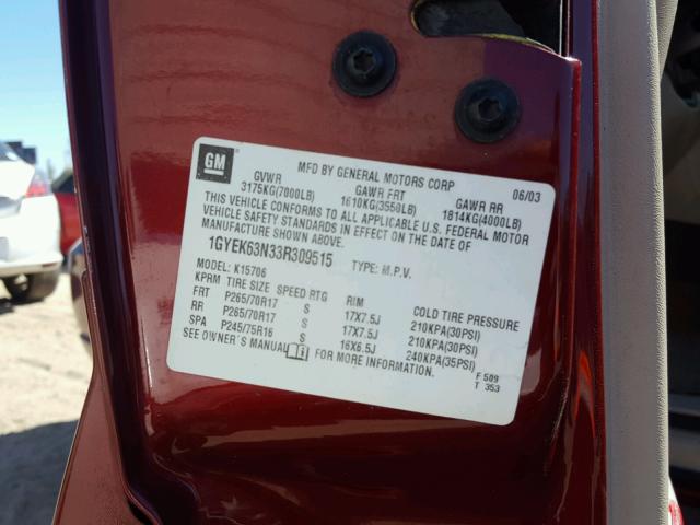 1GYEK63N33R309515 - 2003 CADILLAC ESCALADE L RED photo 10