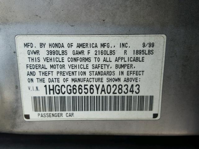 1HGCG6656YA028343 - 2000 HONDA ACCORD LX SILVER photo 10