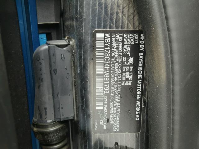 WBY1Z8C34HV891793 - 2017 BMW I3 REX BLUE photo 10