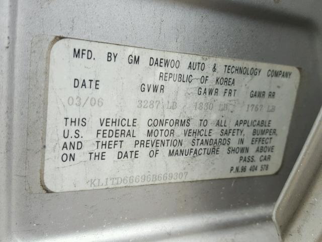 KL1TD66696B669307 - 2006 CHEVROLET AVEO BASE Boz foto 10