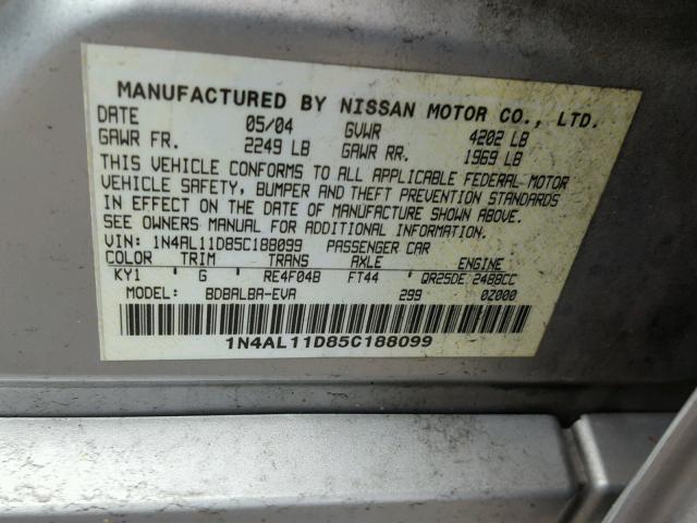 1N4AL11D85C188099 - 2005 NISSAN ALTIMA S SILVER photo 10