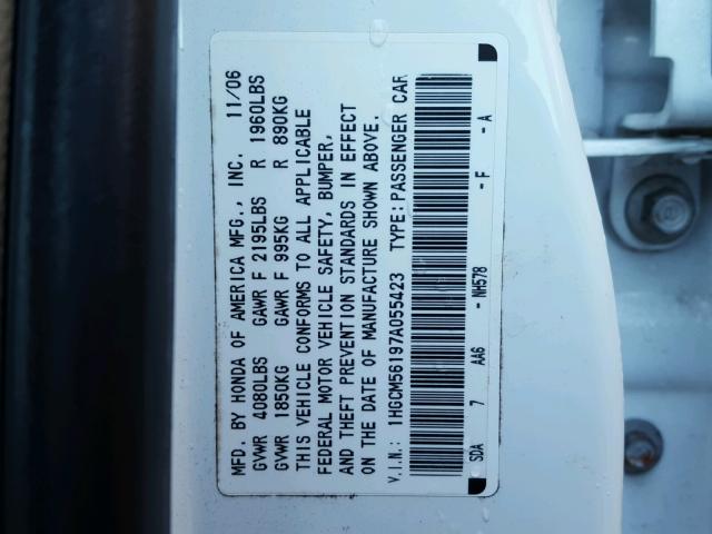 1HGCM56197A055423 - 2007 HONDA ACCORD VAL WHITE photo 10