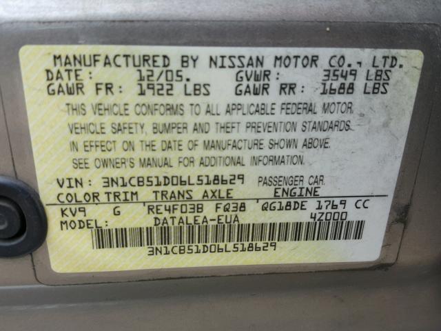 3N1CB51D06L518629 - 2006 NISSAN SENTRA 1.8 SILVER photo 10