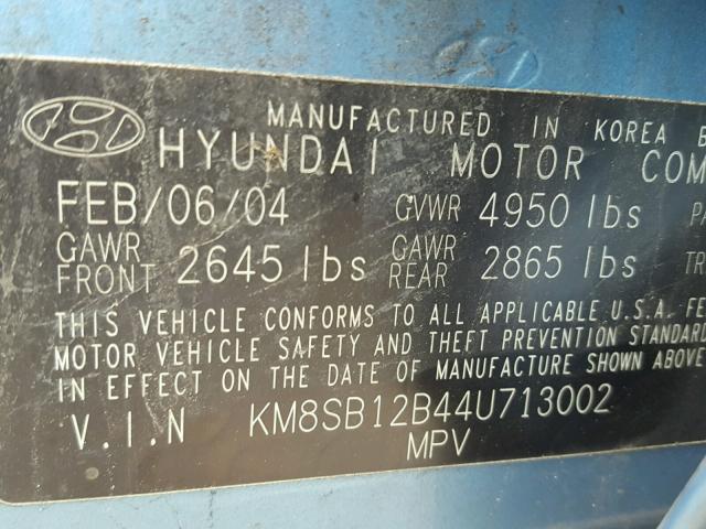 KM8SB12B44U713002 - 2004 HYUNDAI SANTA FE G BLUE photo 10