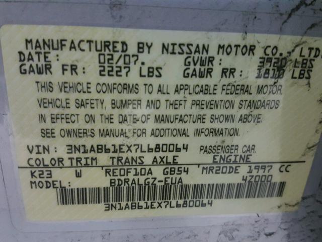 3N1AB61EX7L680064 - 2007 NISSAN SENTRA GRAY photo 10