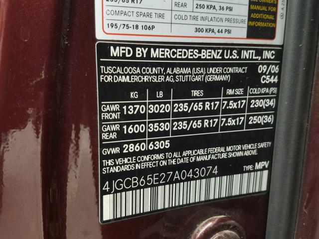 4JGCB65E27A043074 - 2007 MERCEDES-BENZ R 350 MAROON photo 10