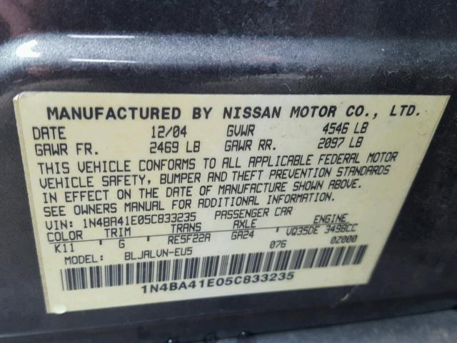 1N4BA41E05C833235 - 2005 NISSAN MAXIMA SE GRAY photo 10