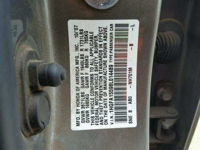 1HGFA15598L014489 - 2008 HONDA CIVIC LX GRAY photo 10