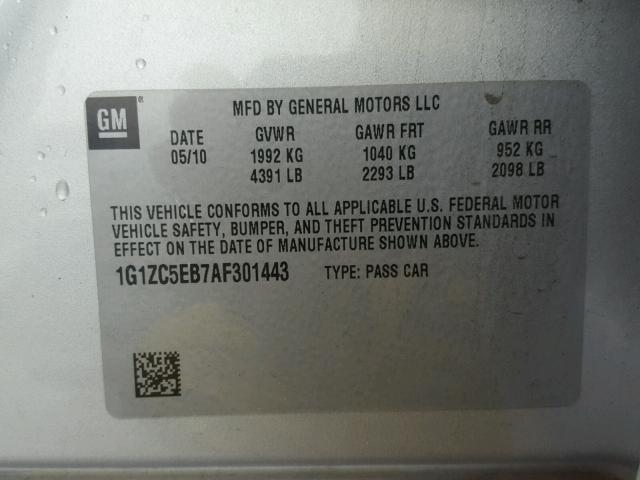 1G1ZC5EB7AF301443 - 2010 CHEVROLET MALIBU 1LT 银色 照片 10