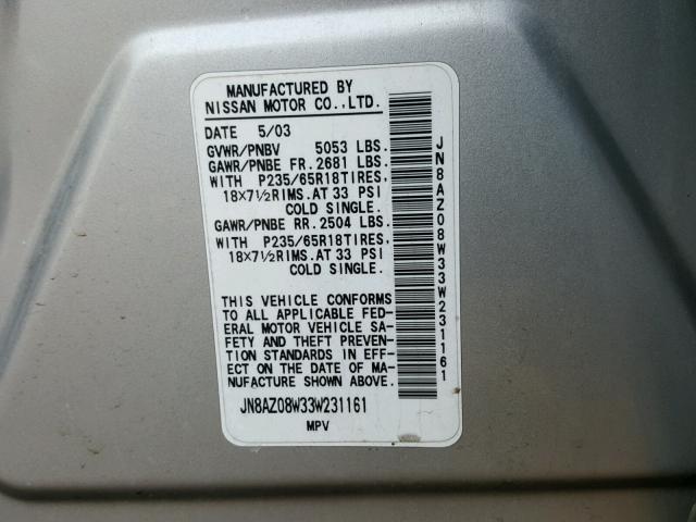 JN8AZ08W33W231161 - 2003 NISSAN MURANO SL SILVER photo 10