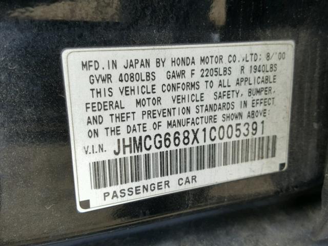 JHMCG668X1C005391 - 2001 HONDA ACCORD EX BLACK photo 10