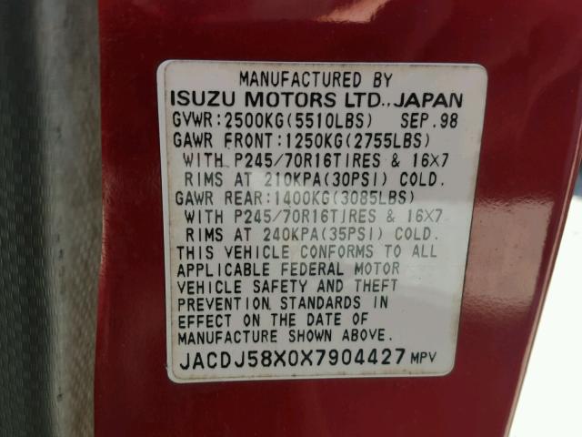 JACDJ58X0X7904427 - 1999 ISUZU TROOPER S RED photo 10