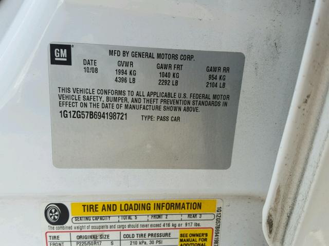 1G1ZG57B694198721 - 2009 CHEVROLET MALIBU LS თეთრი ფოტო 10