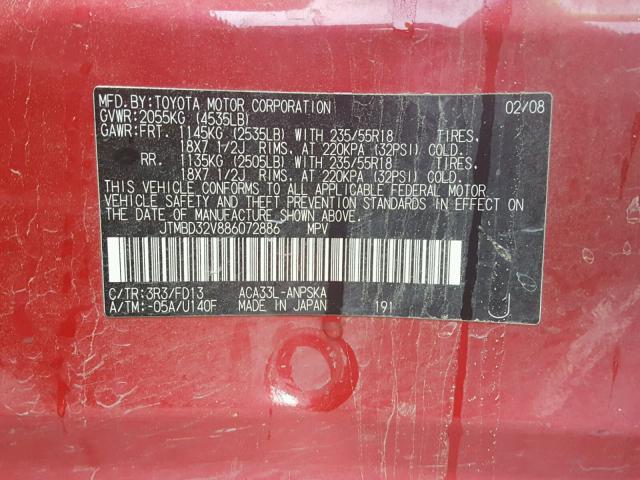 JTMBD32V886072886 - 2008 TOYOTA RAV4 SPORT RED photo 10