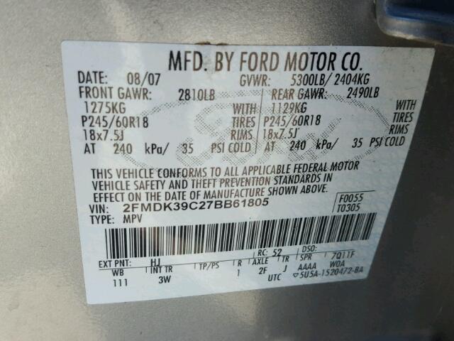 2FMDK39C27BB61805 - 2007 FORD EDGE SEL P GRAY photo 10