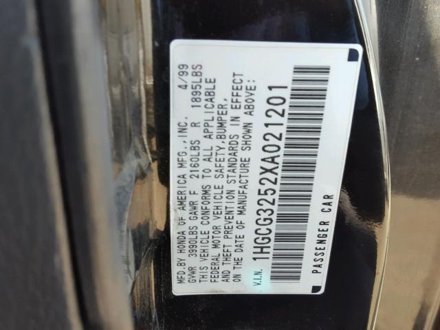 1HGCG3252XA021201 - 1999 HONDA ACCORD EX BLACK photo 10