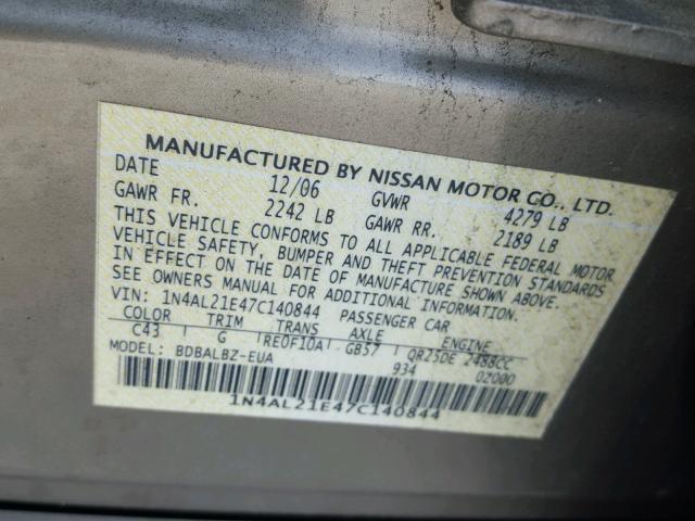 1N4AL21E47C140844 - 2007 NISSAN ALTIMA 2.5 BROWN photo 10