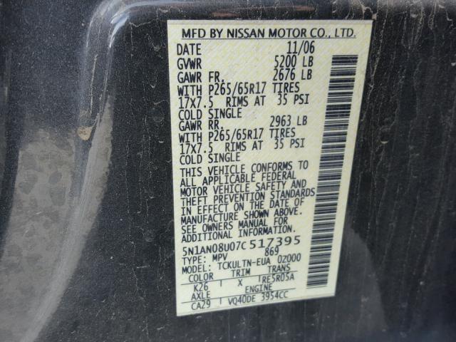 5N1AN08U07C517395 - 2007 NISSAN XTERRA OFF GRAY photo 10