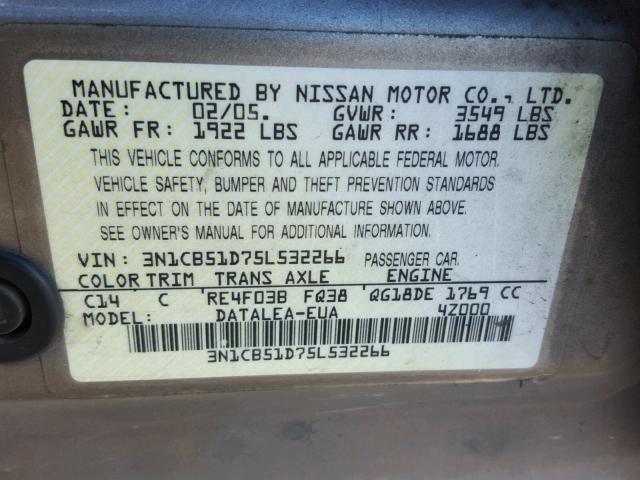 3N1CB51D75L532266 - 2005 NISSAN SENTRA 1.8 TAN photo 10