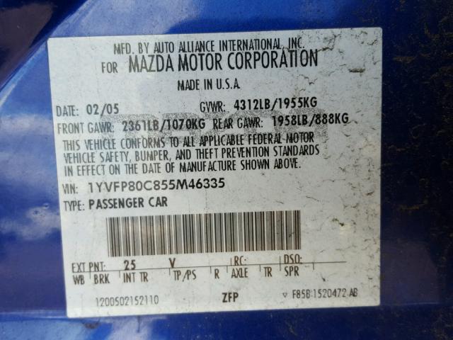 1YVFP80C855M46335 - 2005 MAZDA 6 I BLUE photo 10