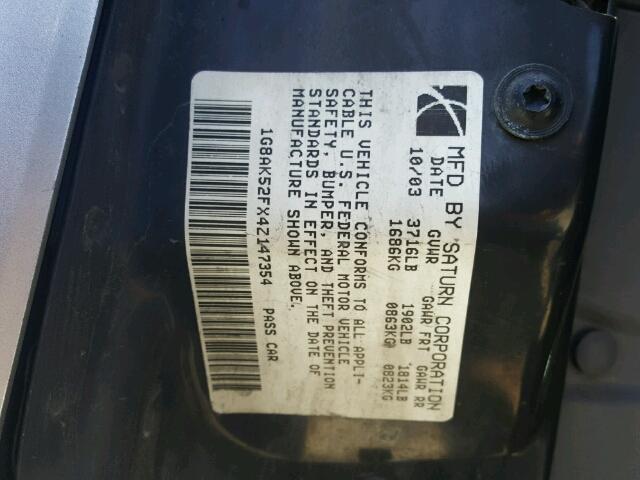 1G8AK52FX4Z147354 - 2004 SATURN ION LEVEL SILVER photo 10