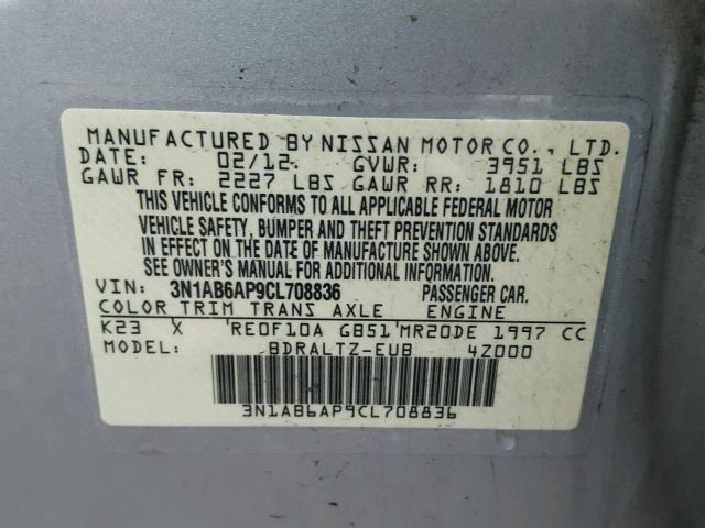 3N1AB6AP9CL708836 - 2012 NISSAN SENTRA 2.0 SILVER photo 10