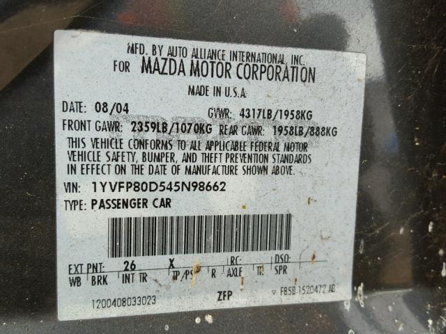 1YVFP80D545N98662 - 2004 MAZDA 6 S GRAY photo 10