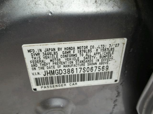 JHMGD38617S067569 - 2007 HONDA FIT S GRAY photo 10