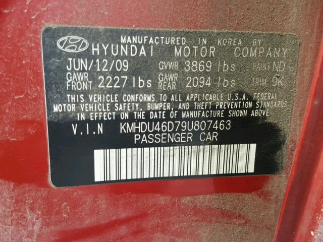 KMHDU46D79U807463 - 2009 HYUNDAI ELANTRA GL RED photo 10