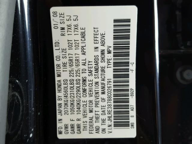 JHLRE38788C026791 - 2008 HONDA CR-V EXL BLACK photo 10