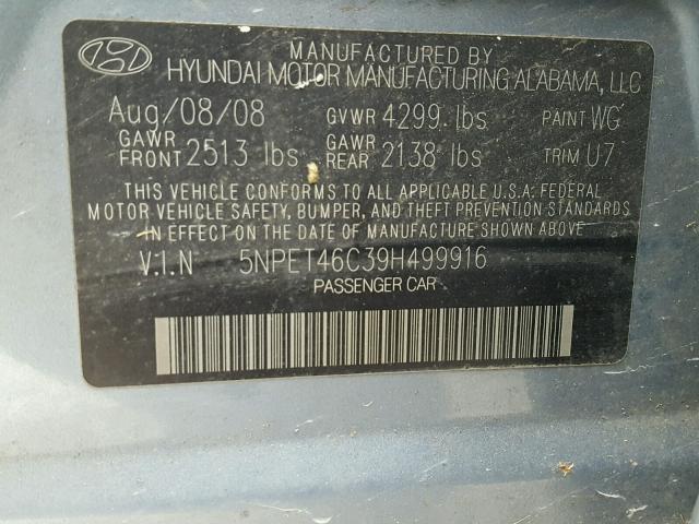 5NPET46C39H499916 - 2009 HYUNDAI SONATA GLS BLUE photo 10