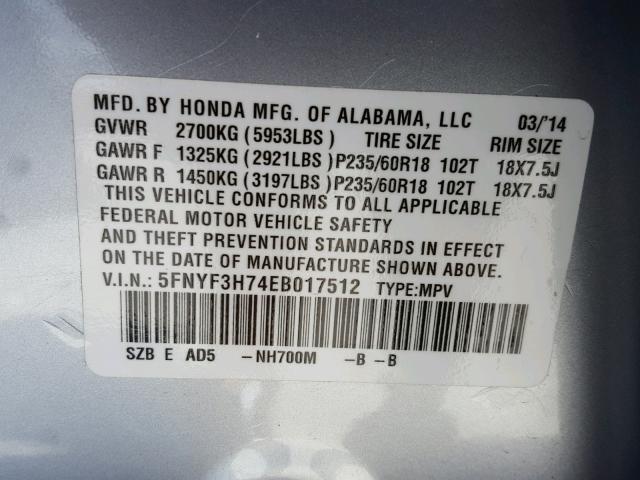 5FNYF3H74EB017512 - 2014 HONDA PILOT EXLN SILVER photo 10