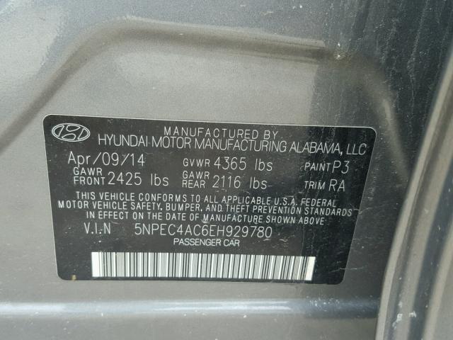 5NPEC4AC6EH929780 - 2014 HYUNDAI SONATA SE GRAY photo 10