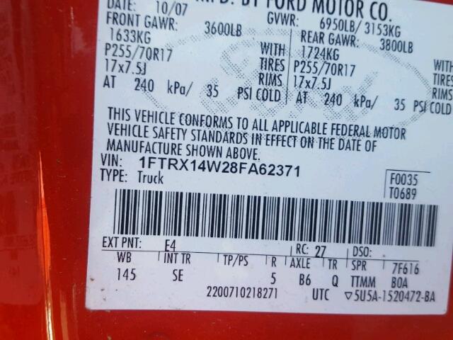 1FTRX14W28FA62371 - 2008 FORD F150 RED photo 10