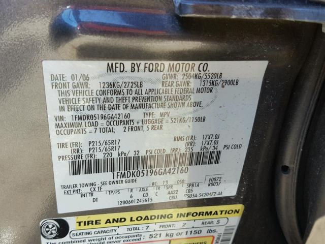 1FMDK05196GA42160 - 2006 FORD FREESTYLE GRAY photo 10