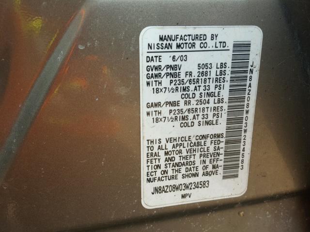 JN8AZ08W03W234583 - 2003 NISSAN MURANO SL SILVER photo 10