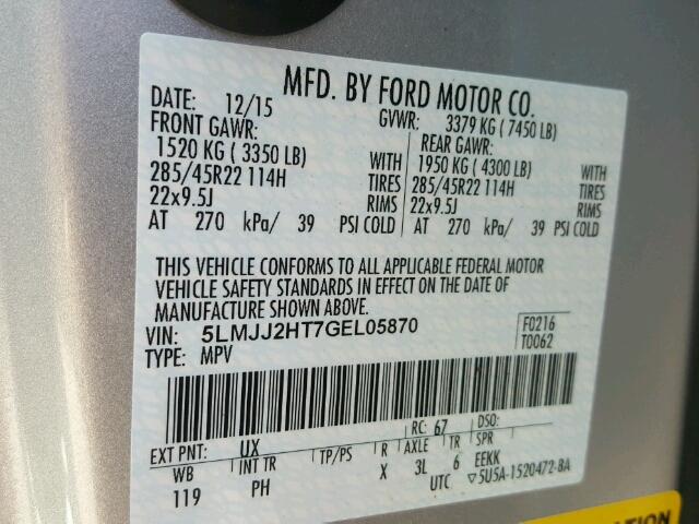 5LMJJ2HT7GEL05870 - 2016 LINCOLN NAVIGATOR SILVER photo 10